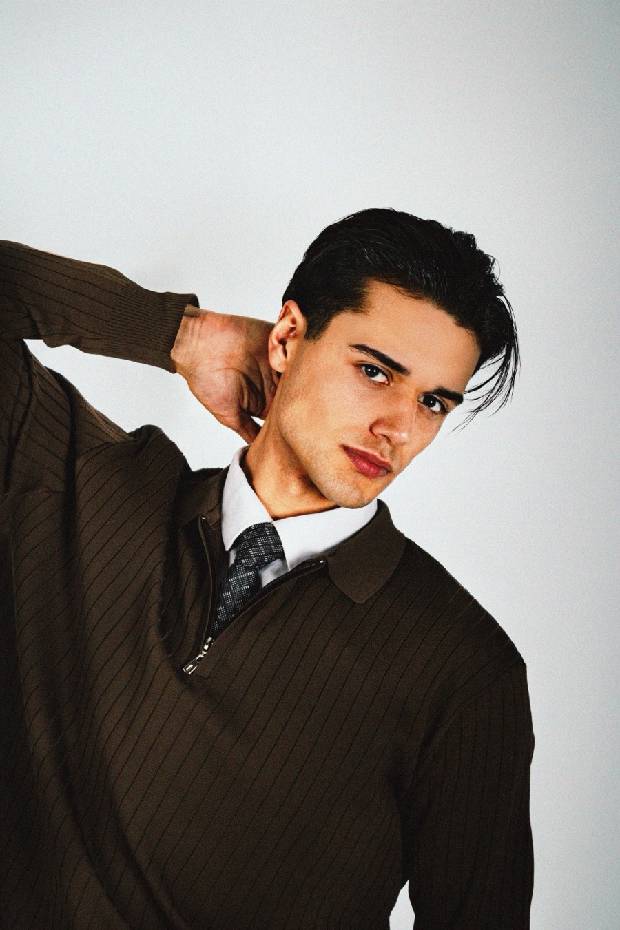 A stylish man with slicked back hair wearing a brown sweater and tie